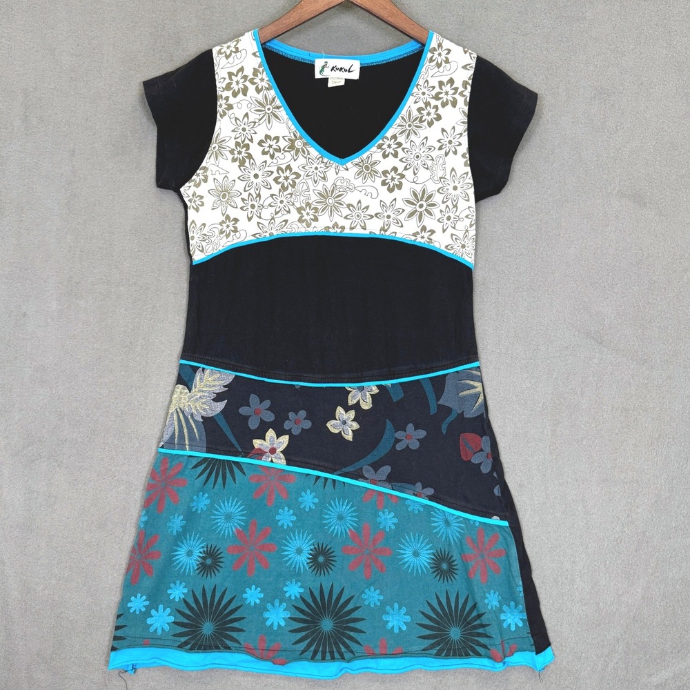 Kukul Patchwork Tunic Top Women M/L Black Floral Boho Cotton Short Sleeve Shirt